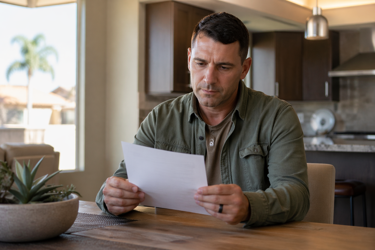 VA homeowner in Las Vegas reviewing mortgage documents at home